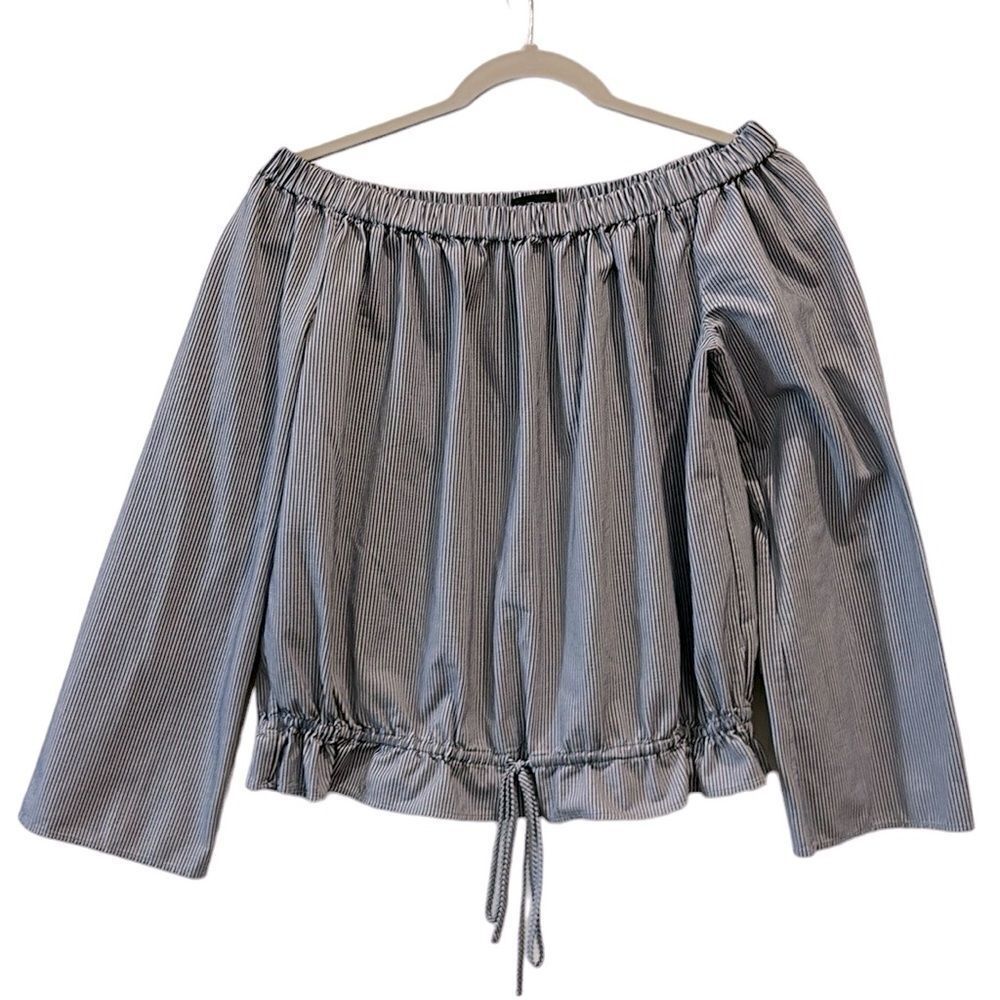 Theory Cropped Blue Seersucker Odettah Off The Shoulder Top Long Sleeve S